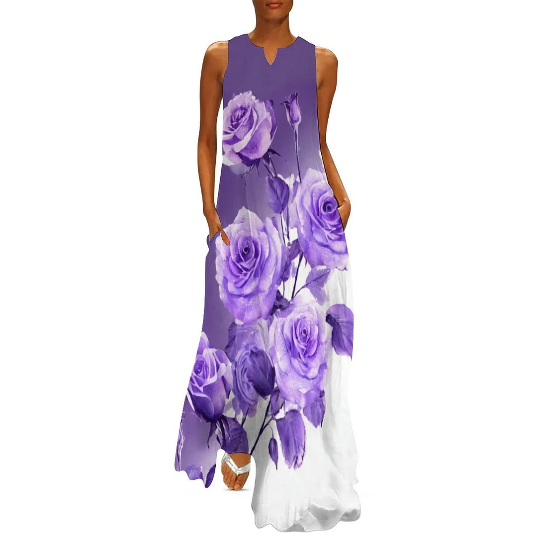 Style & Comfort for Mature Women Plus Size Printed Sleeveless Casual Women Maxi Dress with Pockets in Pattern Purple, Rose, White