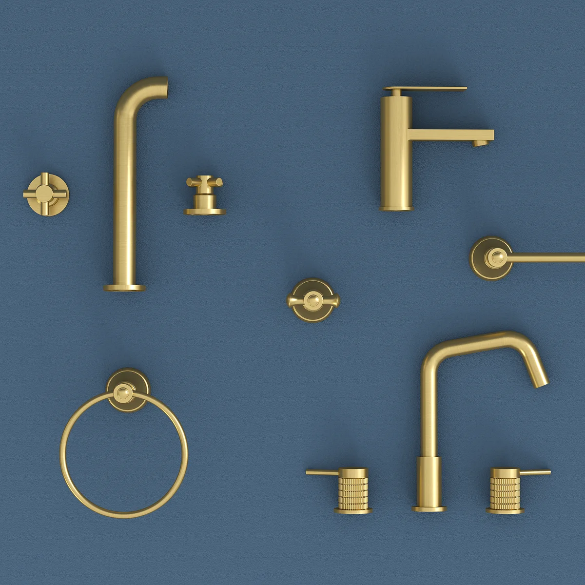 Elita Widespread Bathroom Faucet, Towel Ring, Single-Hole Faucet, Robe Hook in Brushed Gold