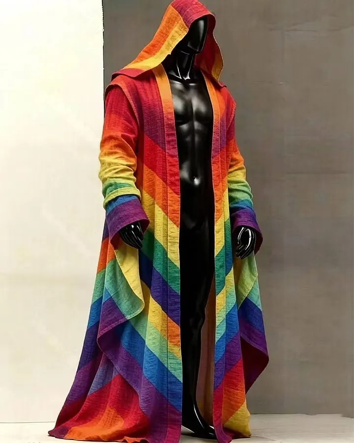 Men's Fashion Rainbow-Colored Linen Hooded Cape 7998
