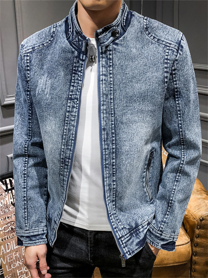 Men's Long-sleeved Stand-up Collar Jacket Retro Denim Jacket Youth Casual Jacket Male Trend Solid Color Slim Men's Clothing