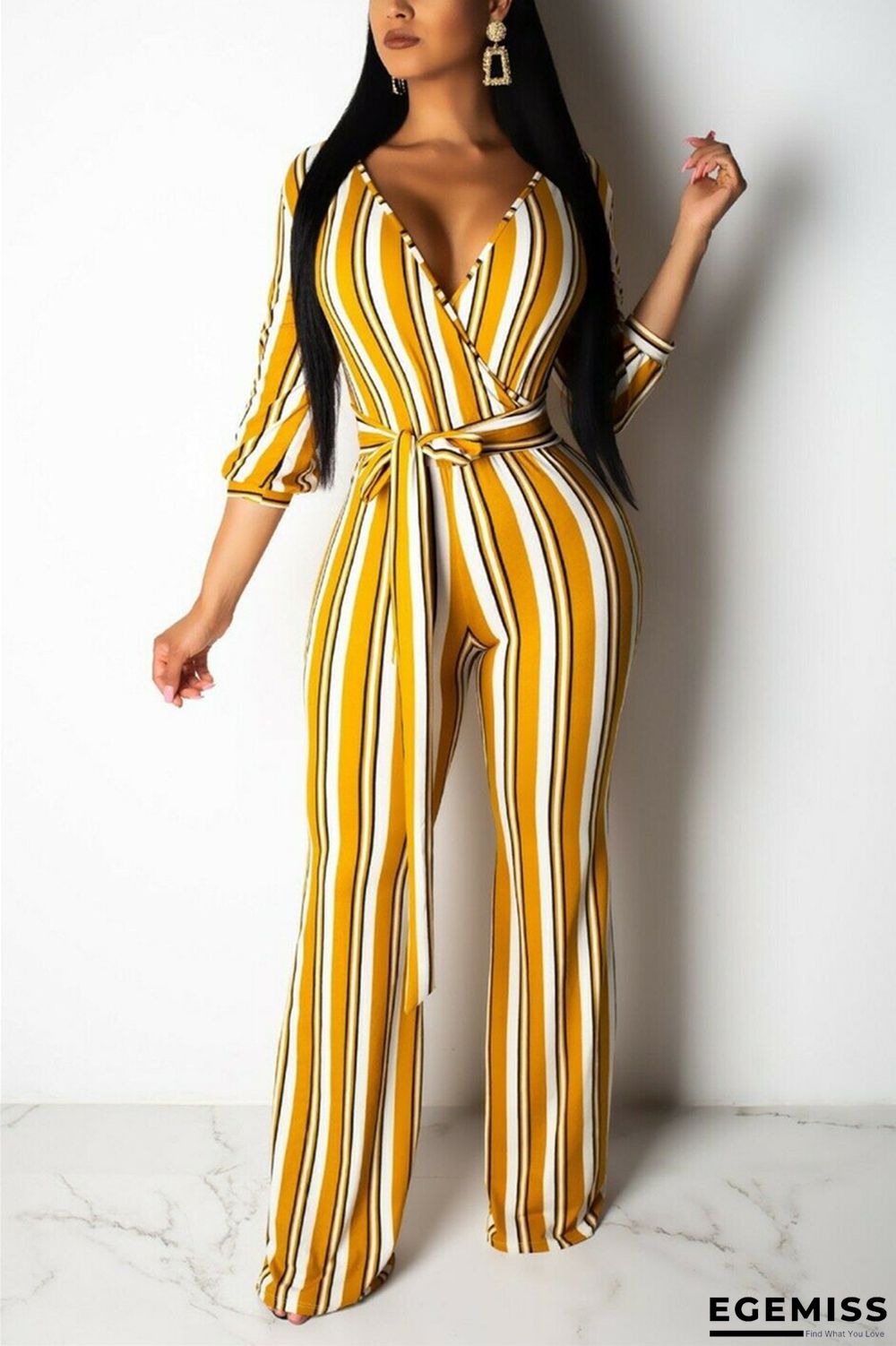 Yellow Fashion Sexy Adult Striped Patchwork With Belt V Neck Loose Jumpsuits | EGEMISS