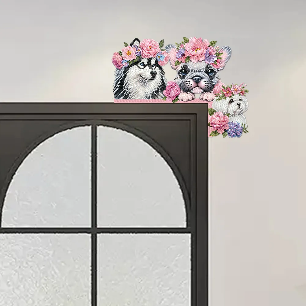 Dog Flowers 5D DIY Wooden Diamond Painting Door Topper for Party (Right)