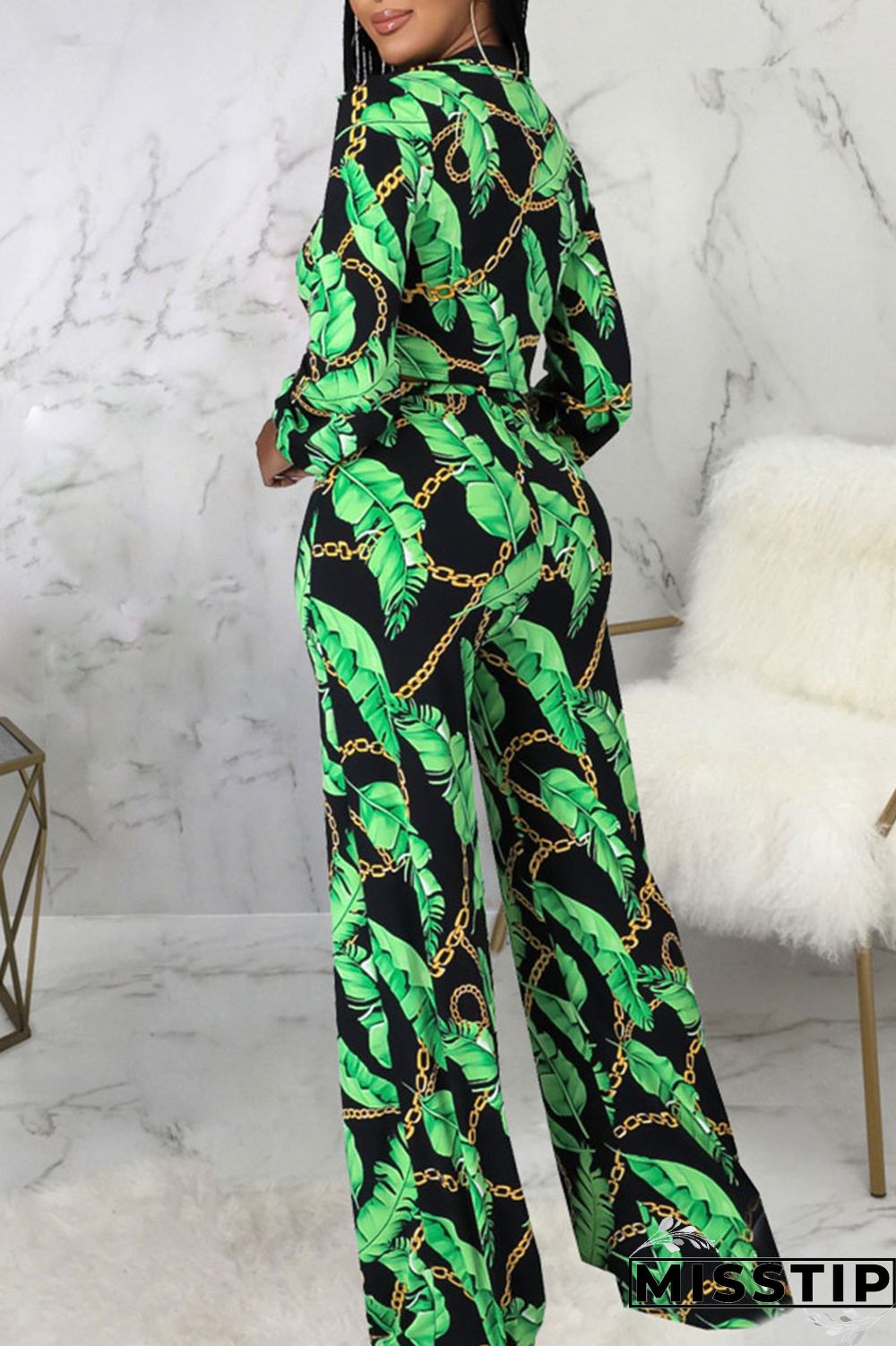 Cyan Casual Print Bandage Patchwork Turn-back Collar Long Sleeve Two Pieces