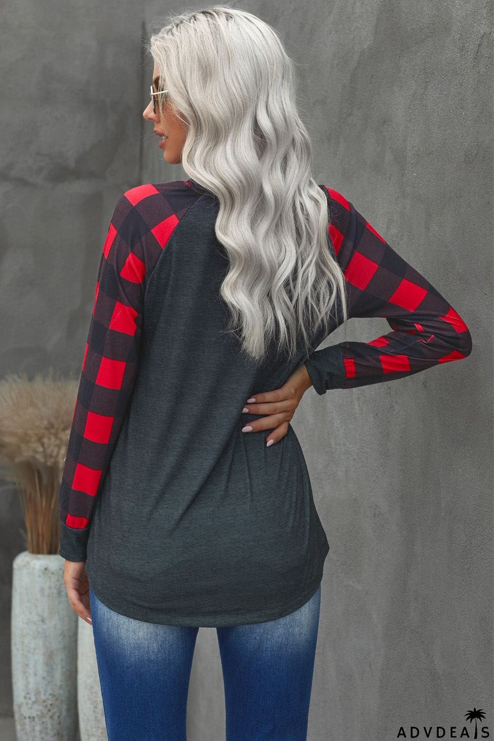 Christmas Pattern Plaid Splice Long Sleeve Top