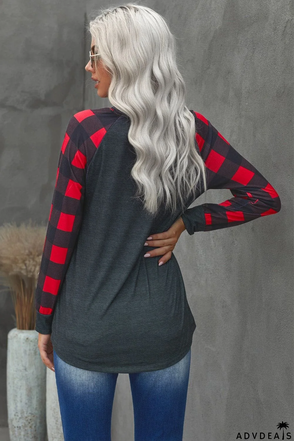 Christmas Pattern Plaid Splice Long Sleeve Top