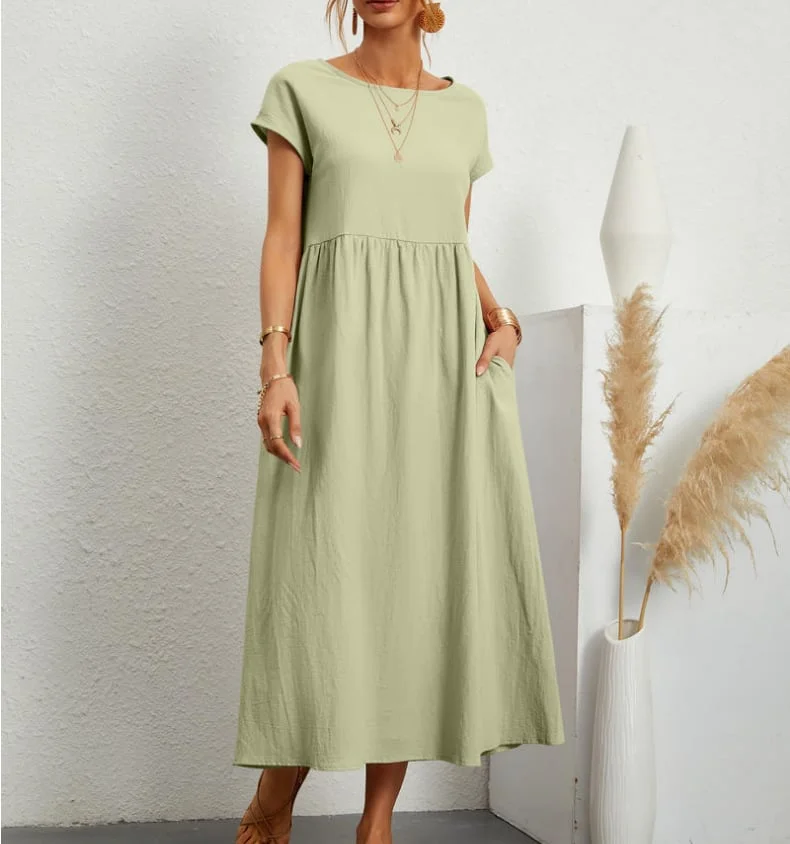Solid Color Sleeveless Loose Cotton and linen Pocket Dress