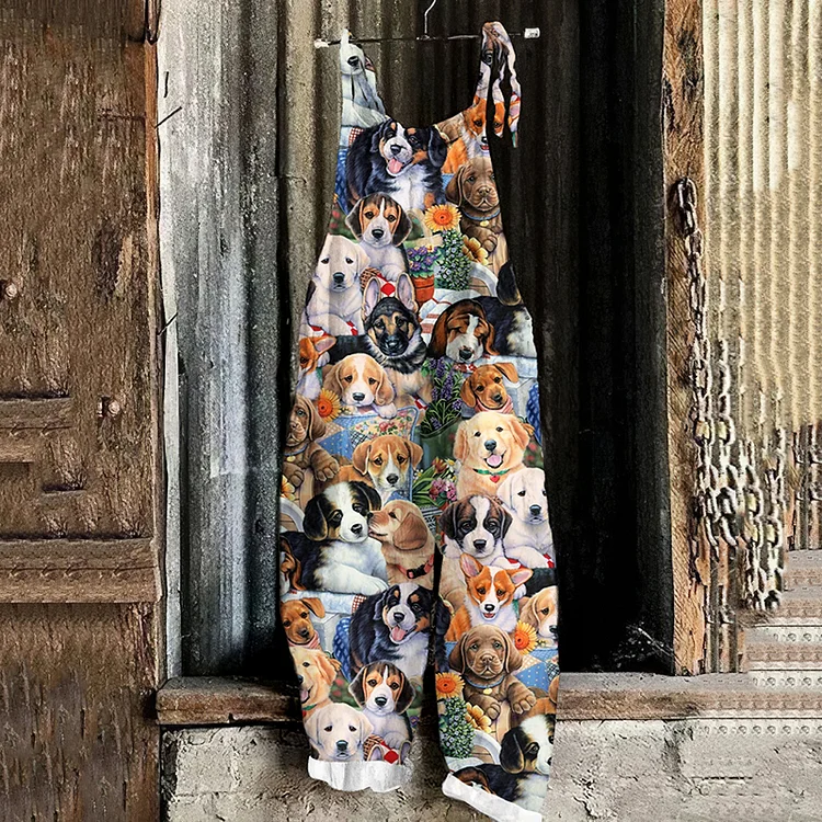 Vintage Puppies Sitting In Floral Print Loose Jumpsuit