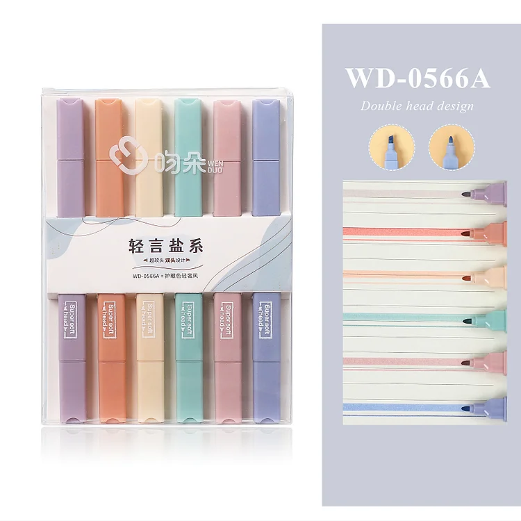 JOURNALSAY 6 Pcs/Set Soft Tip Double Head Highlighter pen Light Color Kawaii Marker Fluorescent pen