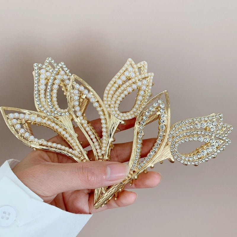Women’s Luxurious Shiny Flower Tulip Metal Inlay Rhinestones Pearl Hair Claws