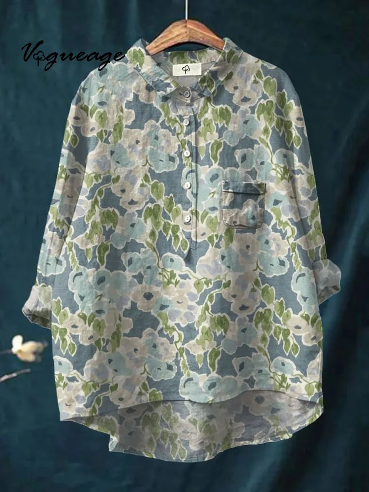 Women's Flower Art Print Casual Cotton And Linen Shirt