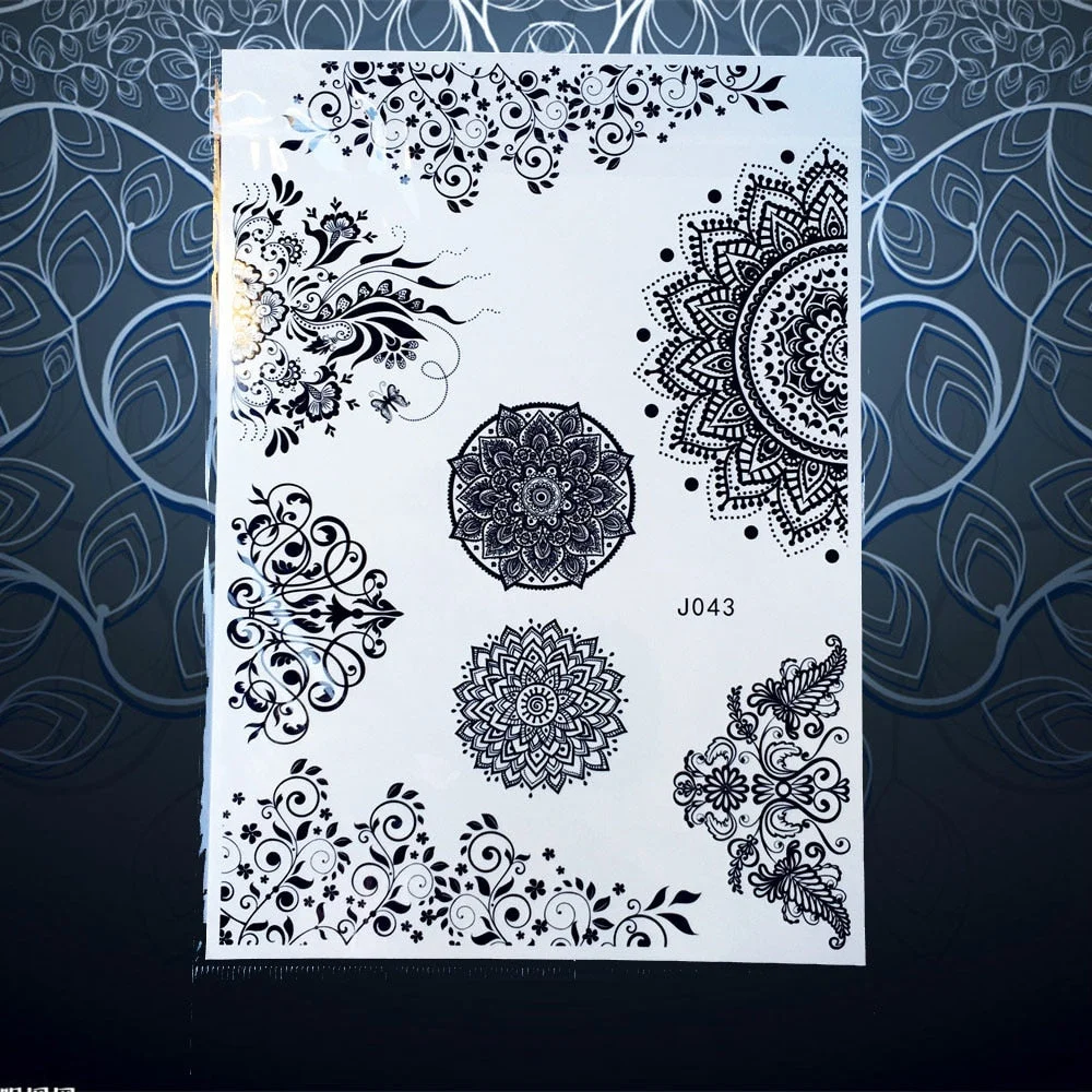 25 Style Hot Waterproof Black Henna Tattoo Fake Mandala Flower Arm Hand Tatoo Owl Decals Women Body Art Temporary Tattoo Sticker