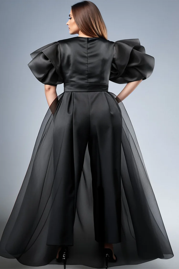 Xpluswear Design Plus Size Business Casual Black Elegant Round Neck Short Sleeve 3D With Skirt Overlay Tulle Jumpsuits [Pre-Order]