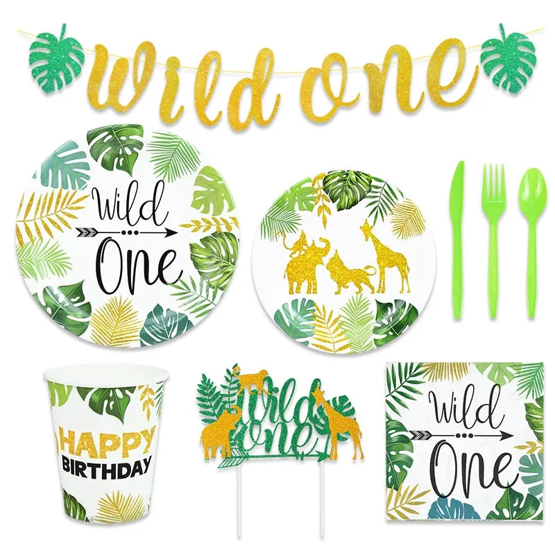 Wild One Jungle Party Animal Balloons Disposable Tableware Kids 1st Forest Safari Birthday Party Decoration Baby Shower Supplies