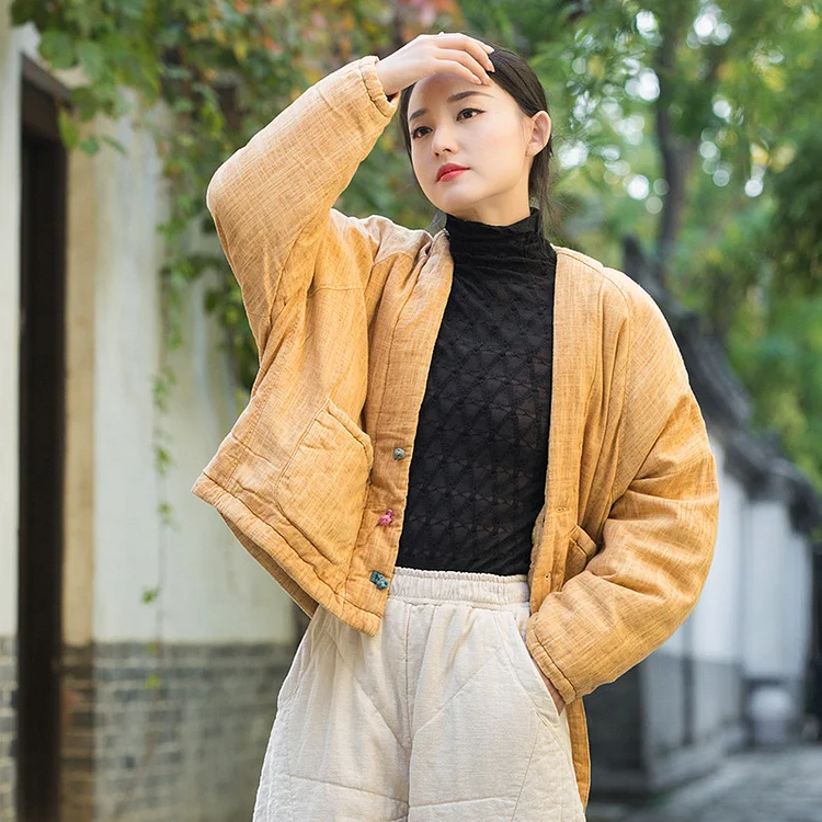 Literary Vintage Splicing V-Neck Cotton Jacket - yankia