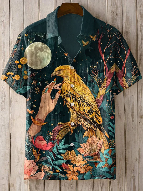 Men's Mysterious Witch Boho Moon Phase Bird Spirituality Art Print Linen Blend Shirt