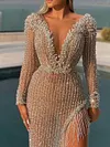 Sequinned Asymmetric Tasseled Split-Side Long Sleeves V-Neck Evening Dress