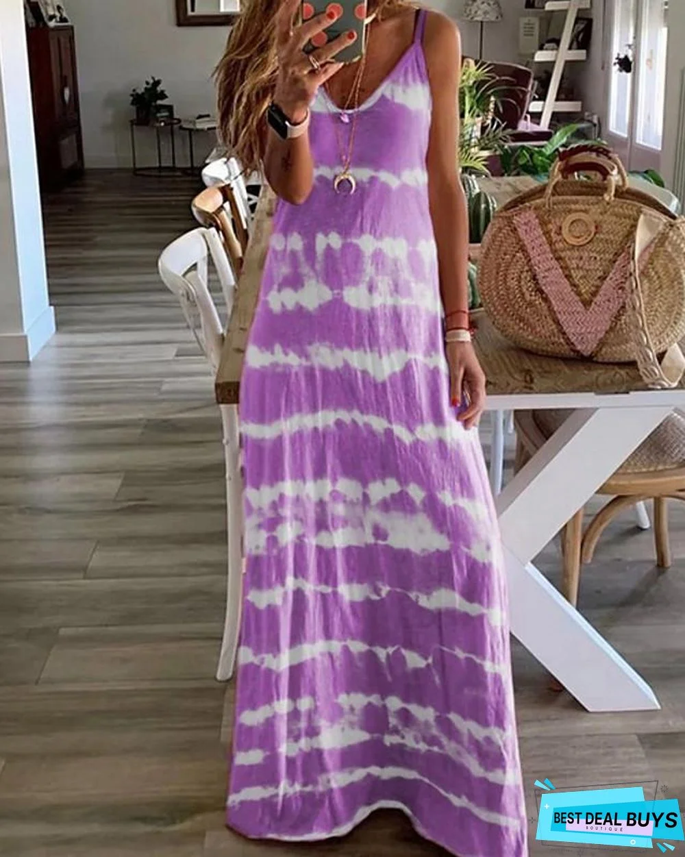 Women's Strap Dress Maxi Long Dress - Sleeveless Tie Dye Summer Hot Casual Beach Blue Purple Blushing Pink Wine Khaki Gray Light Blue