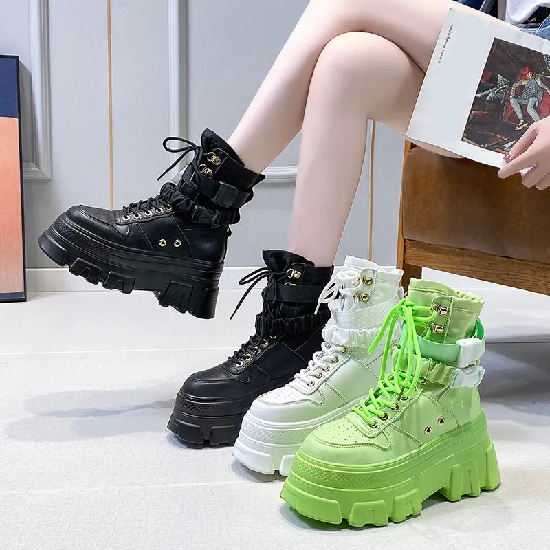 Green Punk Chunky Platform Motorcycle Boots Women Autumn Winter Gothic Shoes Woman Thick Bottom Lace Up Ankle Botas Mujer