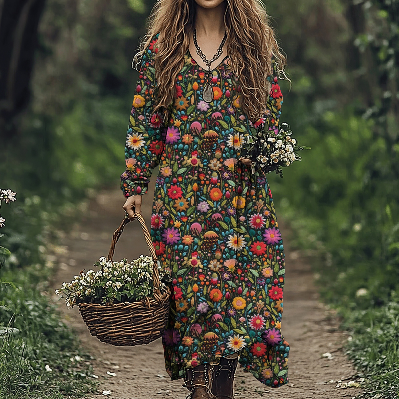 Boho Floral Embroidered Art Linen Blend Maxi Dress wearshes