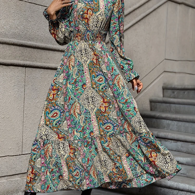 Paisley Print Shirred Waist Dress, Boho High Neck Long Sleeve Dress, Women's Clothing