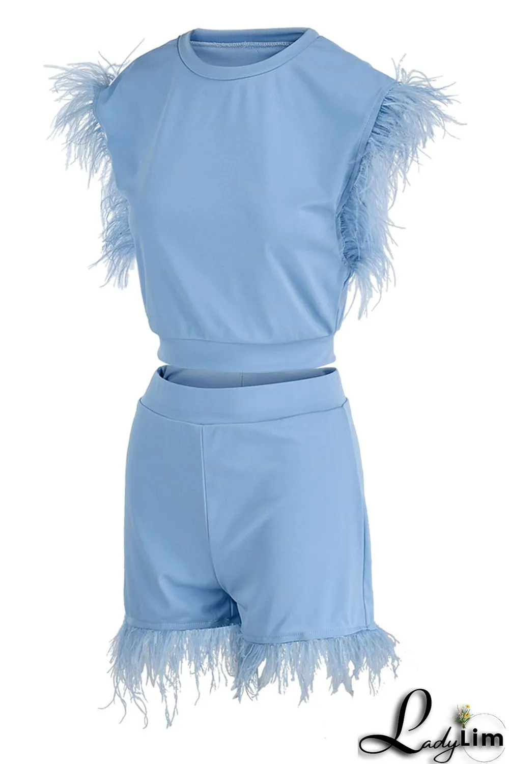 Cyan Fashion Casual Solid Patchwork Feathers O Neck Sleeveless Two Pieces