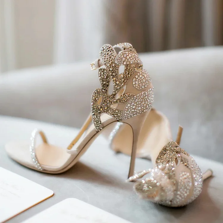 Champagne Wedding Shoes Rhinestone Stiletto Heels Bridal Sandals |FSJ Shoes