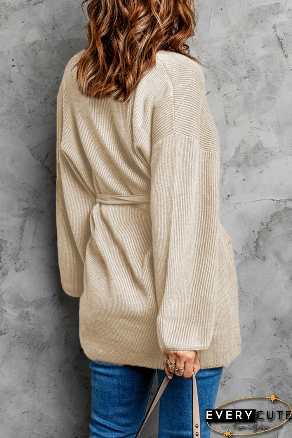 Apricot Robe Style Rib Knit Pocketed Cardigan with Belt