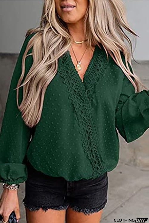 Dot Lace Trim Wrap Long Puff Sleeve Blouse