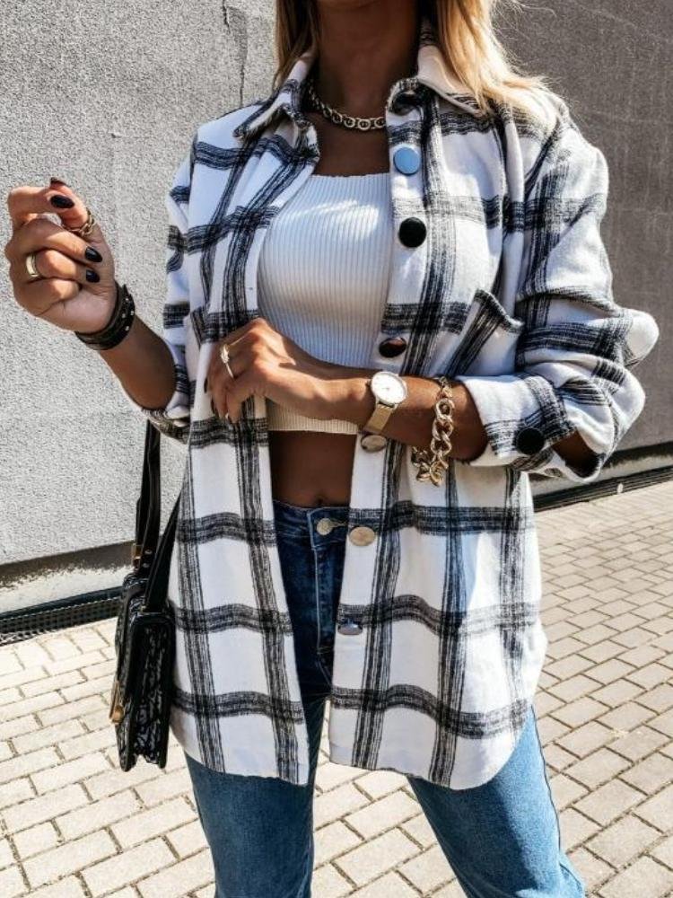 Women's Casual Long Sleeve Loose Plaid Lapel Jacket