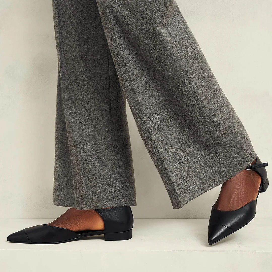Black Vegan Leather Gray Pointed Toe Buckle Fastening Strappy Flats