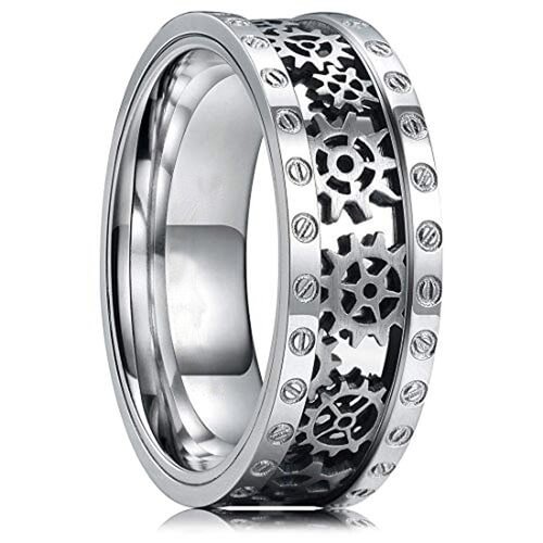 Women's or Men's Tungsten Carbide Wedding Band Watches Gear Rings,Wedding ring bands - Silver Band with Cut out Silver Mechanical Gears and Bolts,Tungsten Carbide Ring With Mens And Womens Rings For 4MM 6MM 8MM 10MM