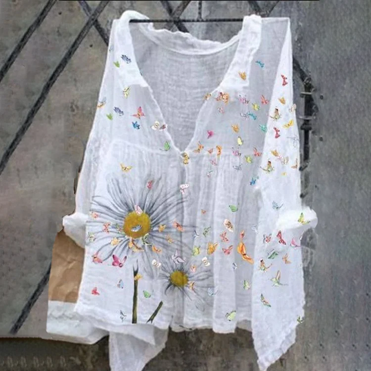 Comstylish Retro Butterfly Daisy Print Casual Cotton Linen Shirt