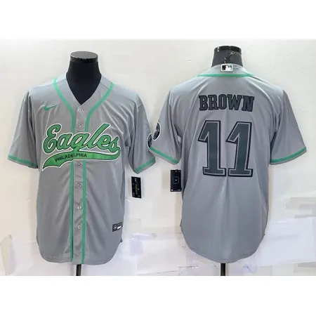 Men's Philadelphia Eagles #11 A. J. Brown Grey With Patch Cool Base Stitched Baseball Jersey ZVYP