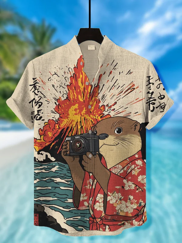 Men's Retro Volcanic Eruption Otter Taking A Photo Print Short Sleeve Shirt