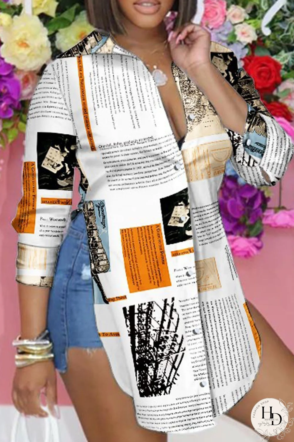 Black Pink Casual Print Patchwork Slit Turndown Collar Tops