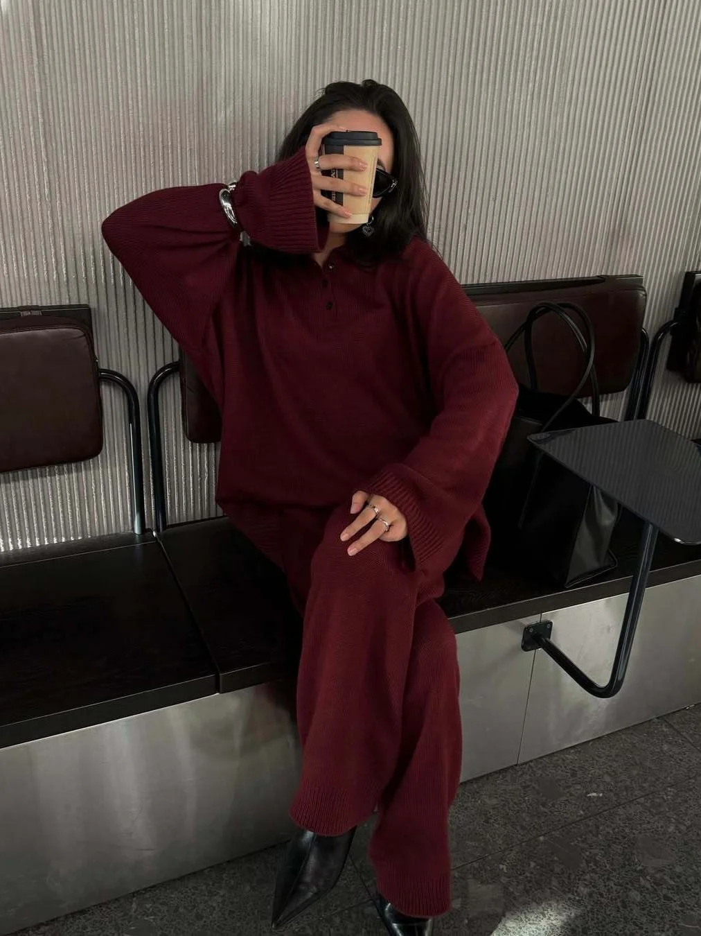 Athvotar Athvotar And Winter Solid-Color Lap-Over Sweater Set Women's Loose Knit Polo Collar Sweater Broad Leg Pants Two-Set