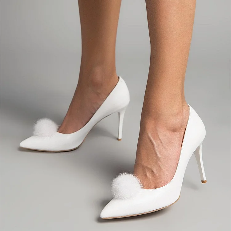 White Pointy Toe Stiletto Heel Pumps Pom Pom Shoes |FSJ Shoes