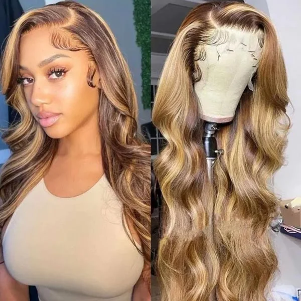 Junoda Money Piece TL4/12 Body Wave Colored Human Hair Wigs Highlight Lace Front Wig