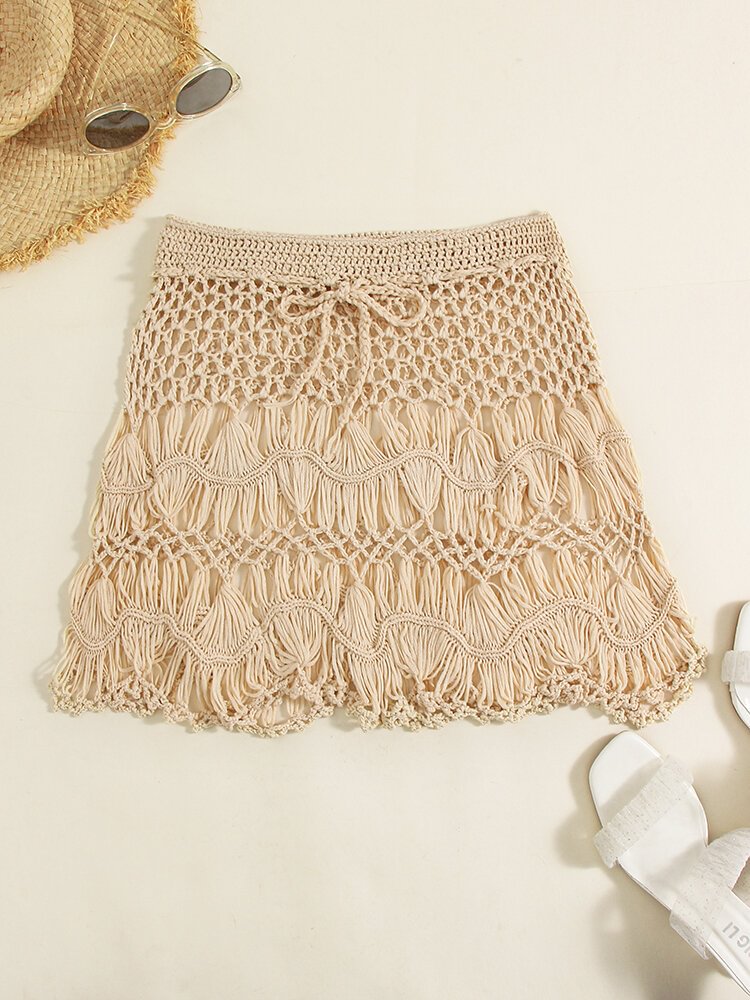 Solid Knitted Crochet Hollow Beach Cover-up Mini Skirt