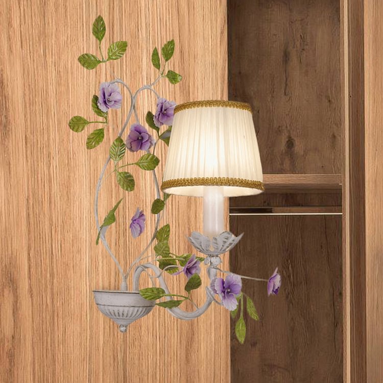 Pleated Shade Bedroom Wall Lamp Countryside Fabric 1/2-Bulb White Wall Sconce with Purple Flower