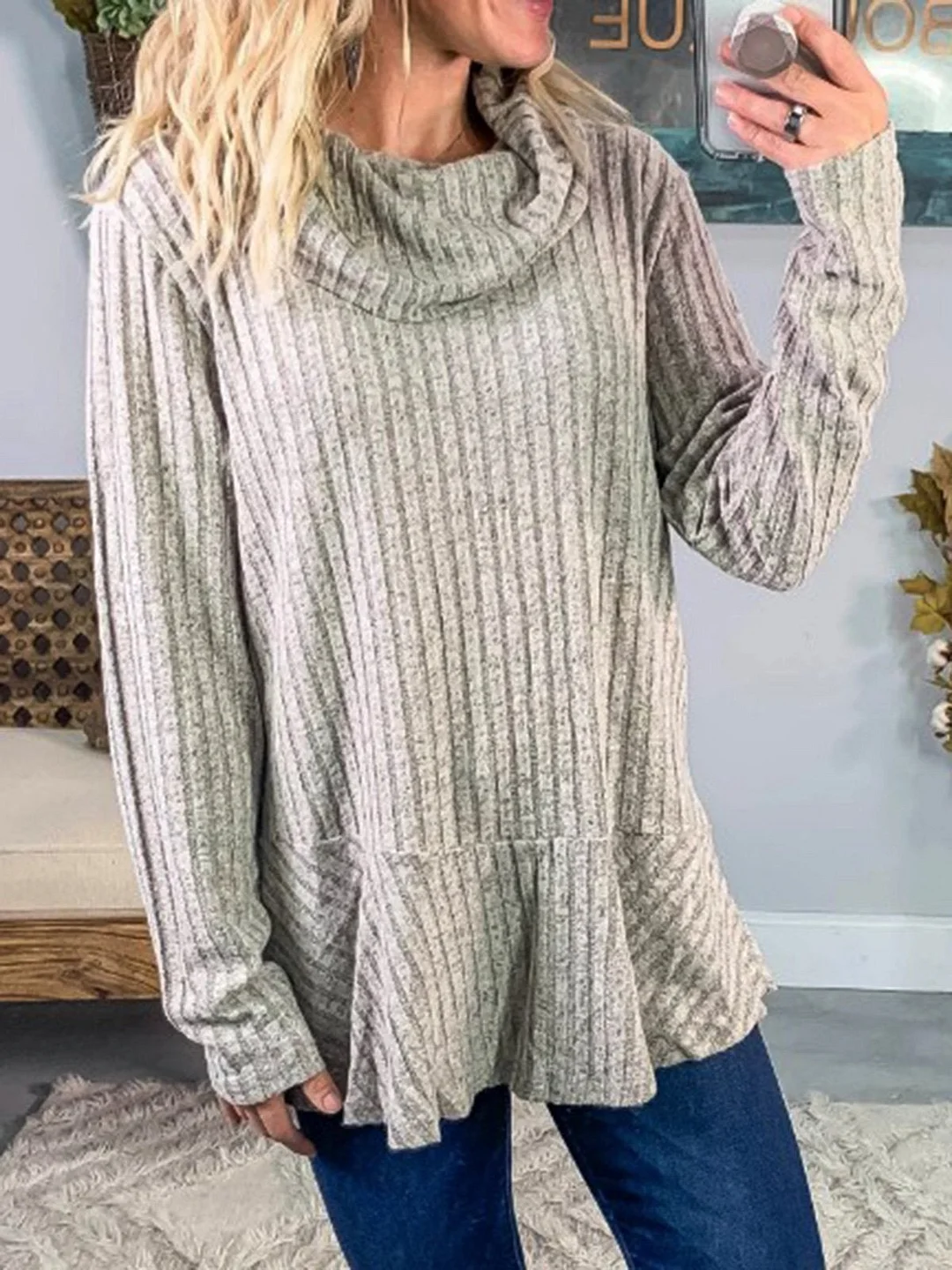 Gray Casual Plain Cotton-Blend Cowl Neck Sweater
