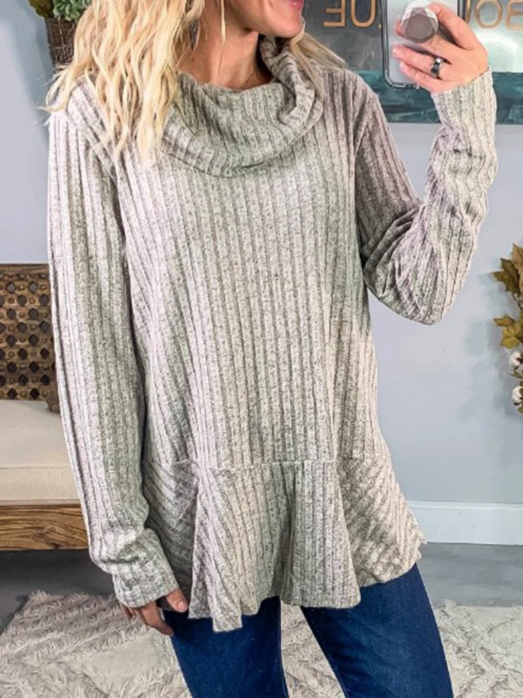 Gray Casual Plain Cotton-Blend Cowl Neck Sweater | EGEMISS