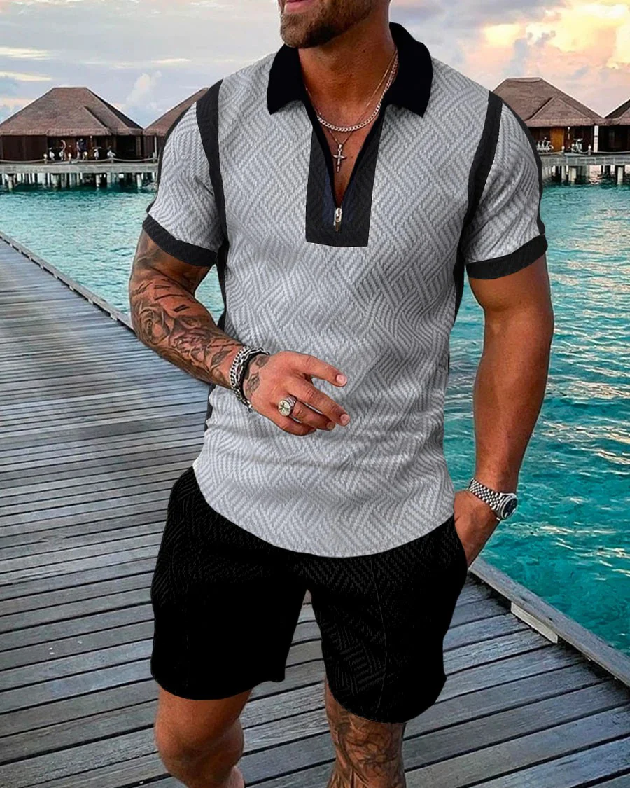Men's Casual Colorblock Polo Shirt Two Piece