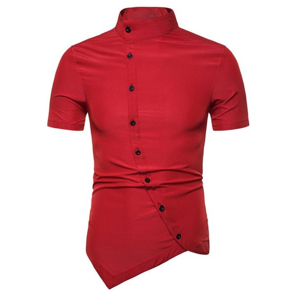 Summer New Shirt Young Men's Stand Collar Short Sleeve T-shirt Asymmetric Button Slim Shirt Social Black and White Bottomed Shirt - Shop Trendy Women's Clothing | LoverChic