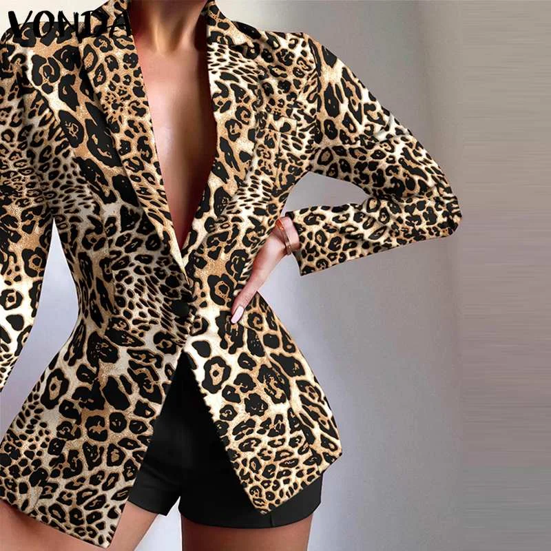 VONDA 2022 Autumn Blazer Casual Long Sleeve Leopard Print Lapel Button Coats Women OL Office Formal Coats Beach Outerwear Veste