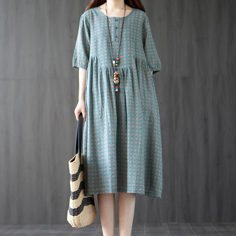 Fashion Plaid Loose Cotton Linen Women Dress