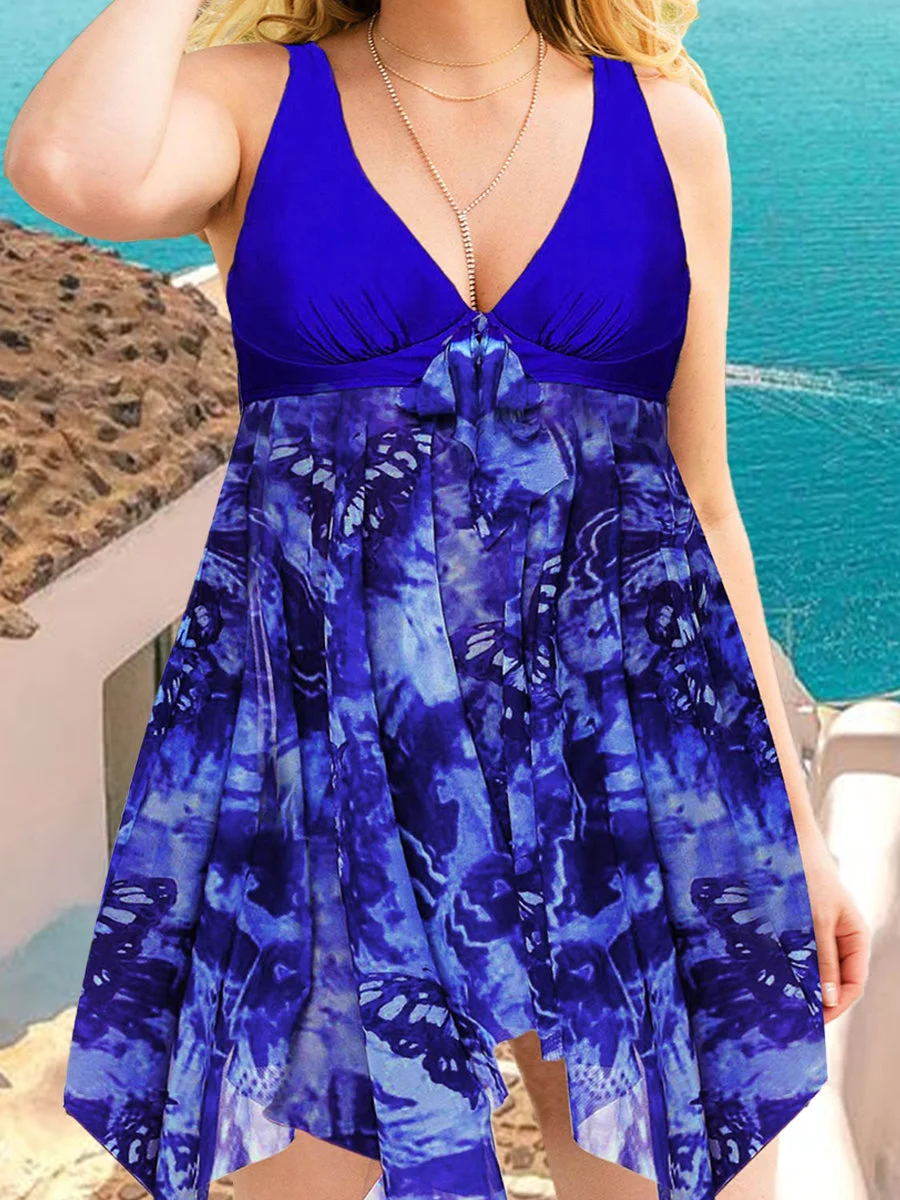 Printed Asymmetrical Cool Shoulder Plus Size Balloon Swimwear Dress