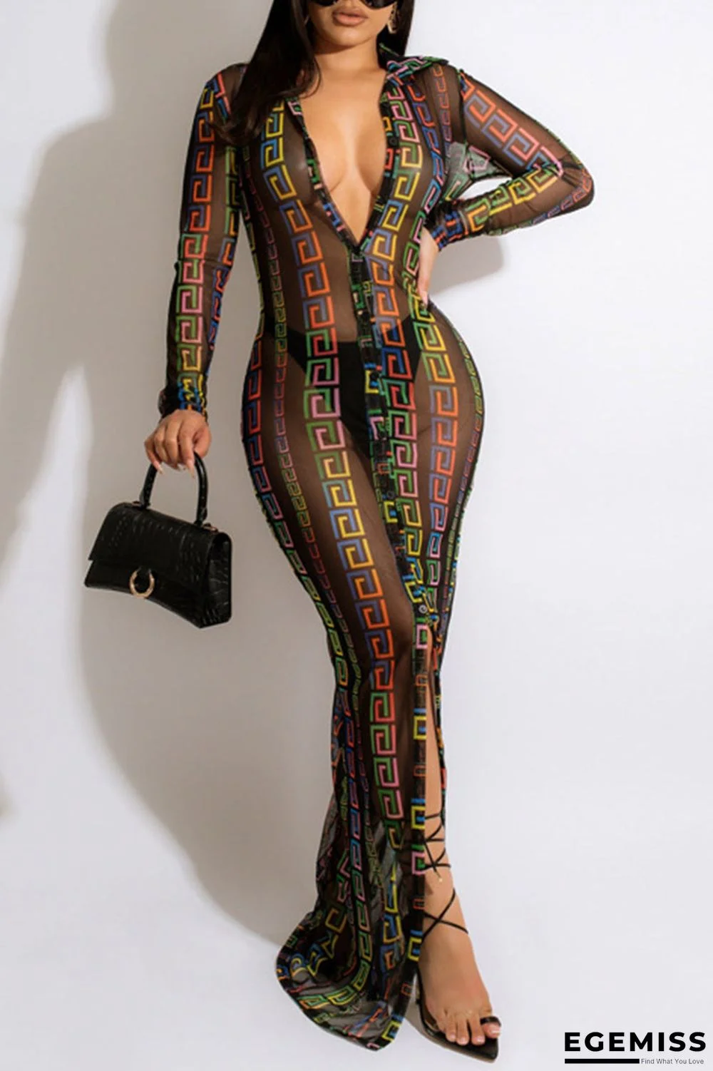 Black Sexy Print Patchwork Buckle See-through Turndown Collar One Step Skirt Dresses | EGEMISS
