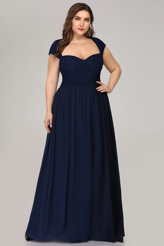 Glamorous Cap Sleeve Navy Evening Gowns Long Chiffon Lace Plus Size ...