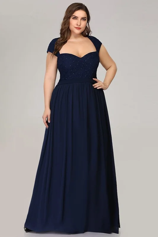 Glamorous Cap Sleeve Navy Evening Gowns Long Chiffon Lace Plus Size Prom Dress - lulusllly